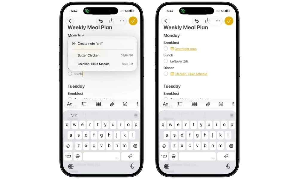 Linking a recipe note to a meal plan in Apple Notes