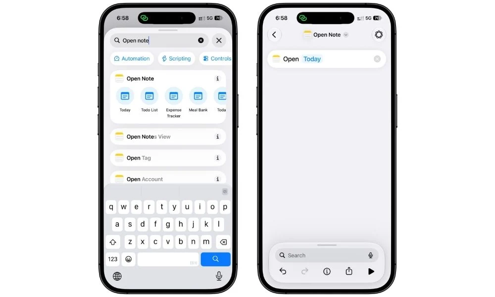 Open Note action in the Shortcuts app set to open the Today planner note