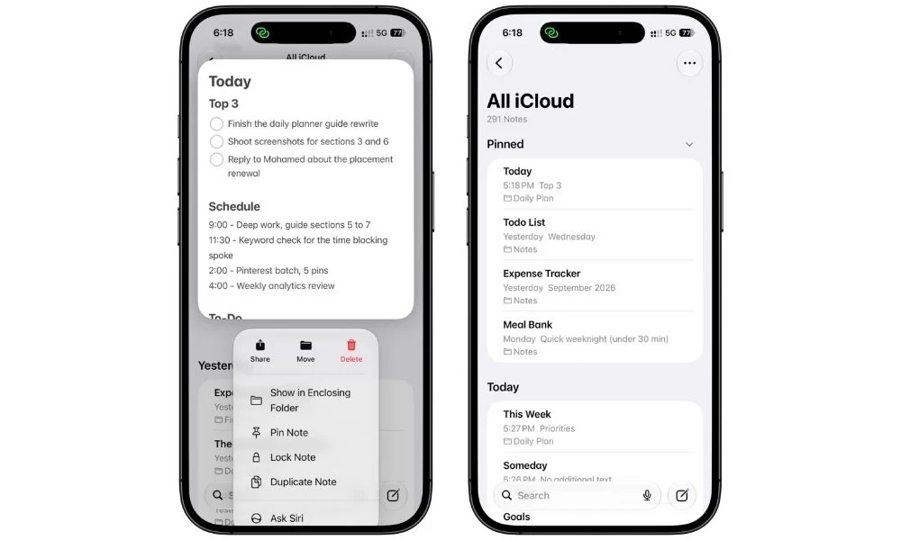 Today planner note pinned at the top of the Apple Notes app