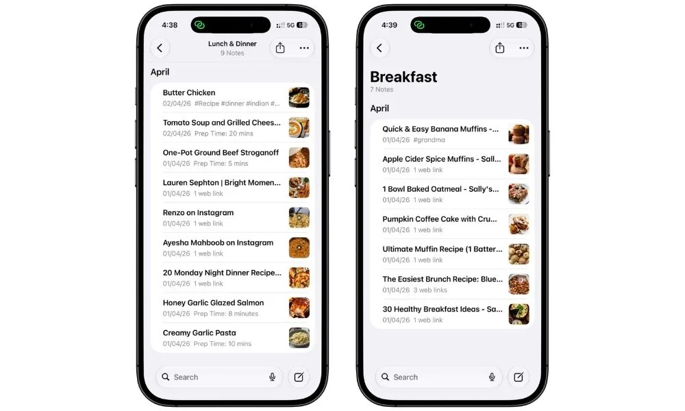 Individual recipe notes organized inside the Recipes folder in Apple Notes