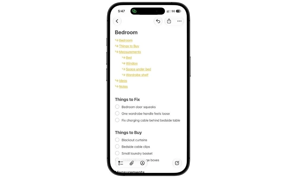 Apple Notes on iPhone showing section links at the top of a note used as a table of contents in iOS 27