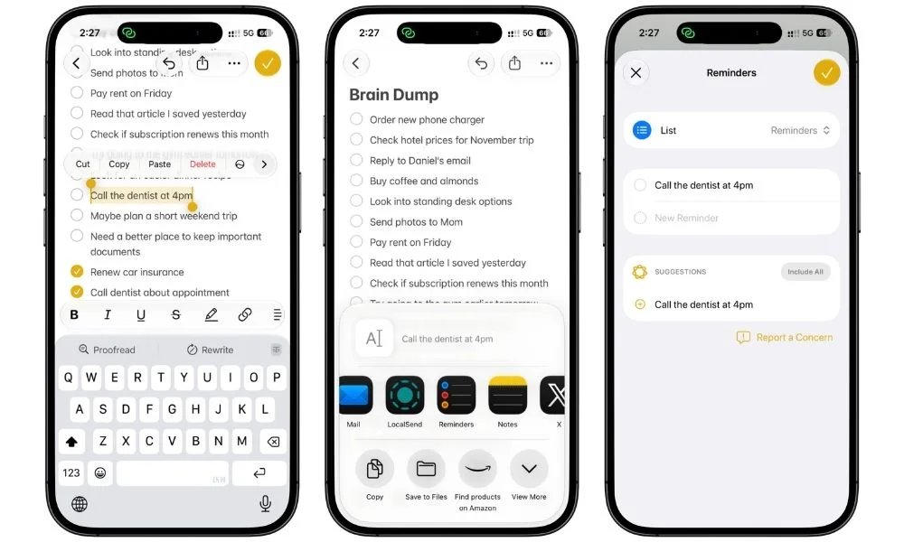 Apple Notes Share menu used to send selected task text to the Reminders app