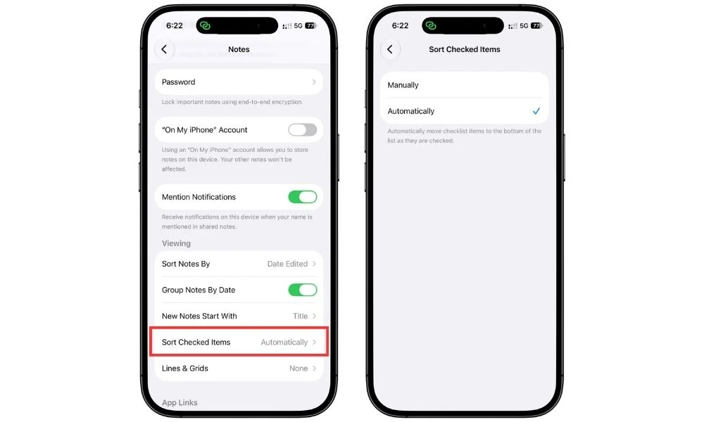 Apple Notes settings with Sort Checked Items set to Automatically