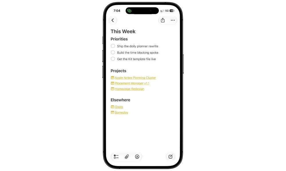 This Week hub note in Apple Notes
