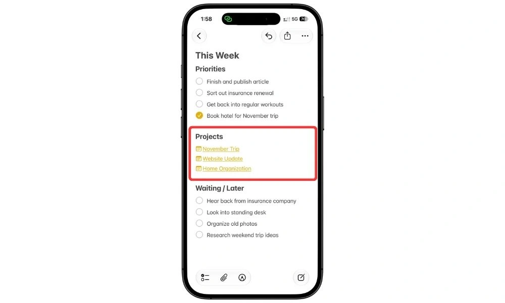 Projects section in the This Week note with links to separate project notes in Apple Notes