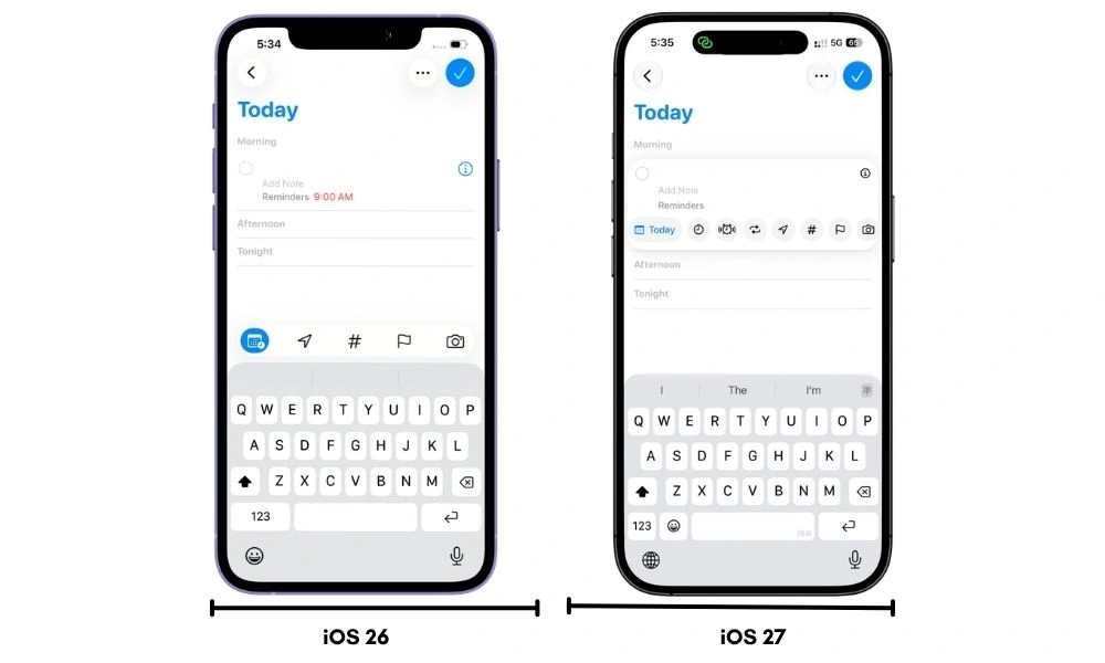 Side-by-side comparison of Apple Reminders on iPhone in iOS 26 and iOS 27, showing the expanded reminder editing controls available directly while creating a reminder