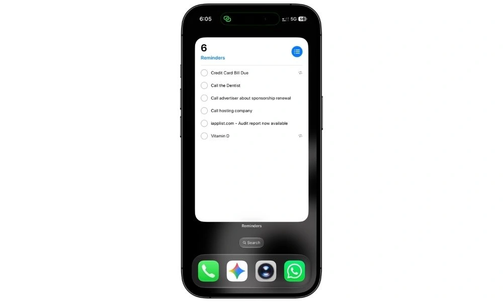 iPhone Home Screen showing the extra-large Apple Reminders widget in iOS 27 with a larger view of tasks