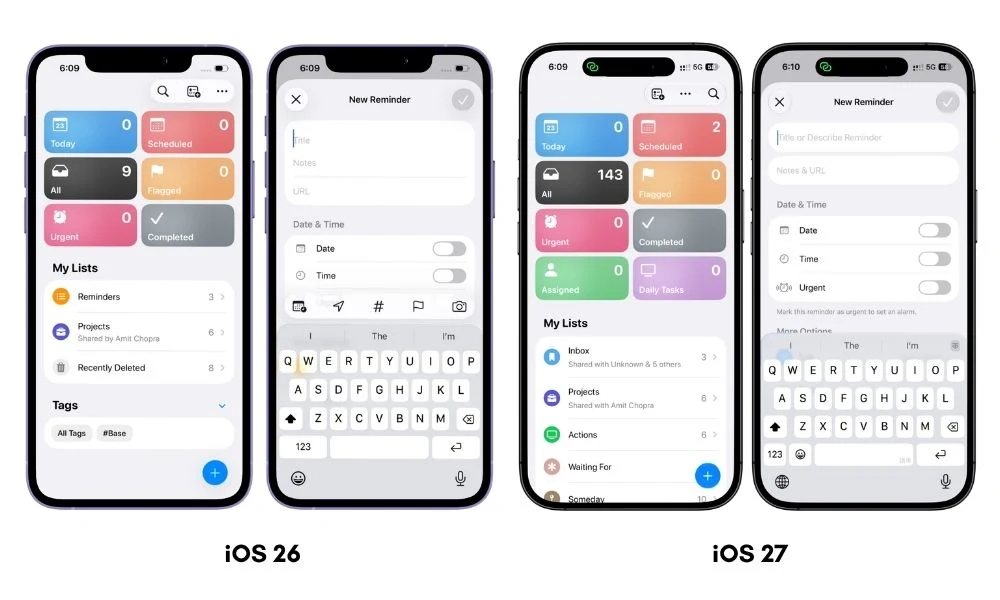 Apple Reminders on iPhone 13 with iOS 26 compared with iPhone 17 Pro on iOS 27, showing the refreshed interface and visual design changes