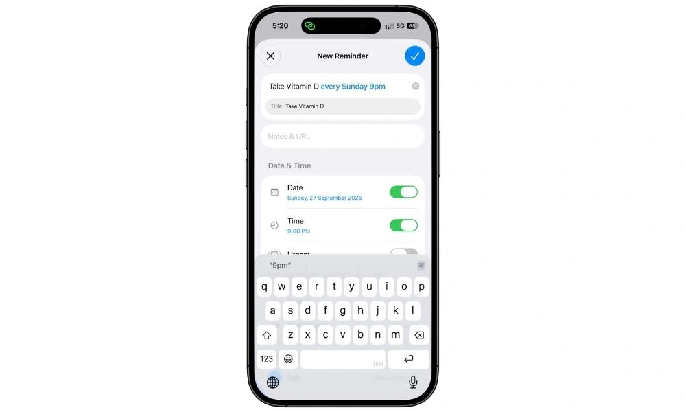 Apple Reminders on iPhone showing a reminder typed as “Take vitamin D every Sunday at 9 am” in iOS 27