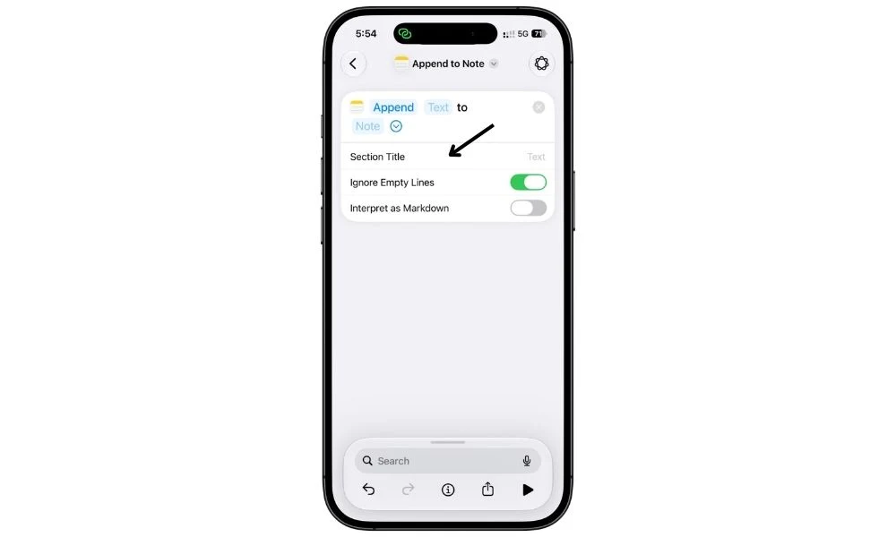Apple Shortcuts on iPhone showing the section selection option in the Append to Note action for Apple Notes in iOS 27