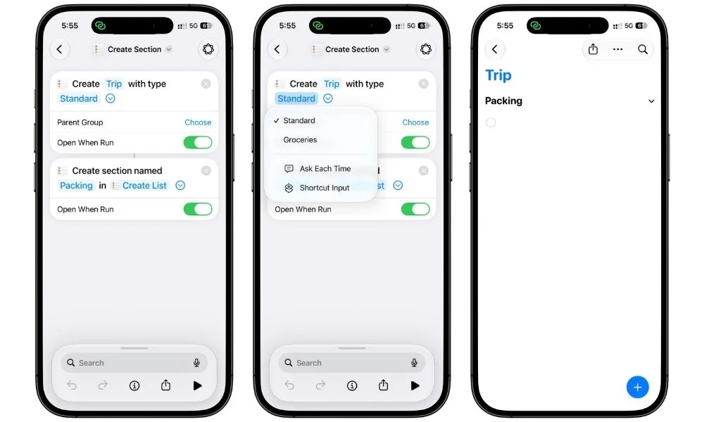 Apple Shortcuts on iPhone showing the new Reminders actions in iOS 27