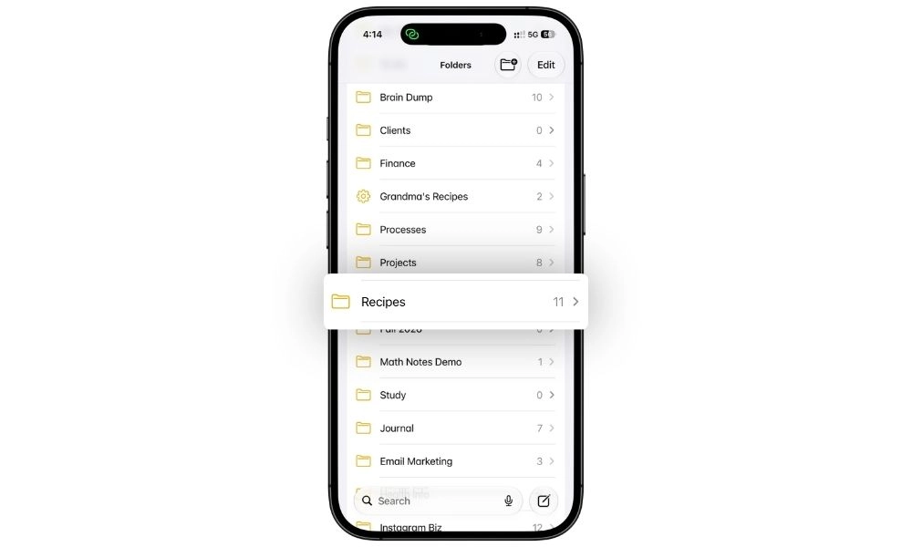 Recipes folder in Apple Notes used to organize meal planning recipes