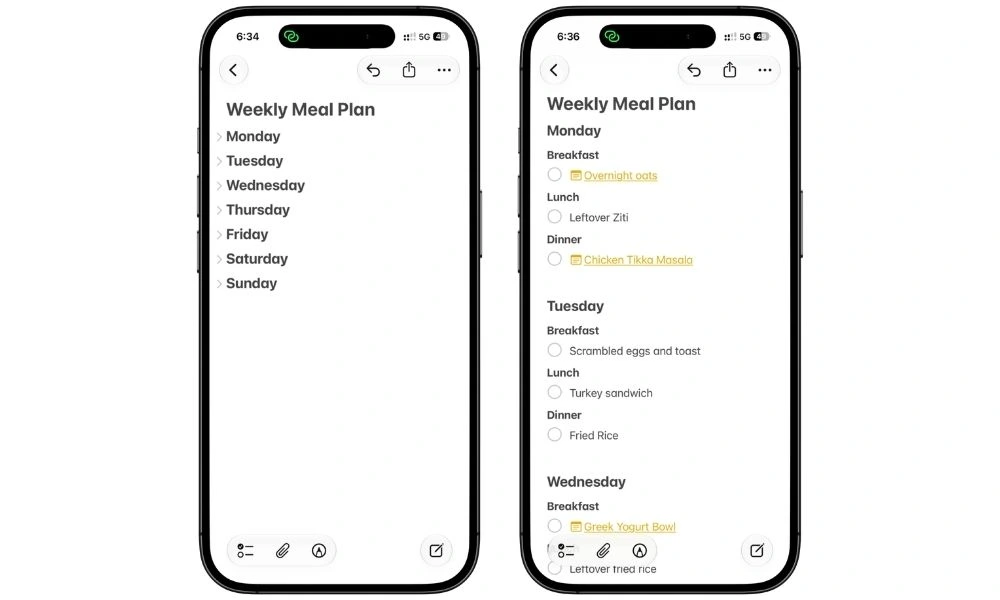 Weekly meal plan in Apple Notes with days organized as headings