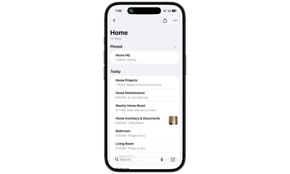 Home folder in Apple Notes