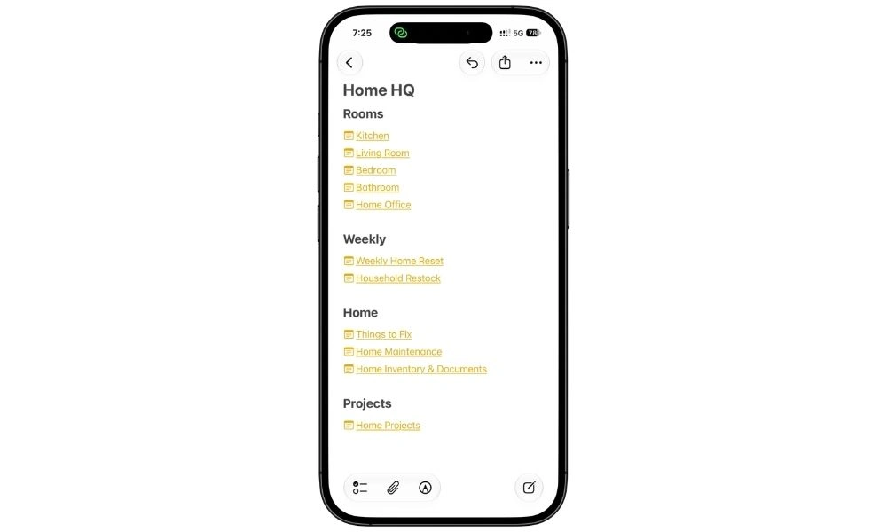 Home HQ dashboard in Apple Notes