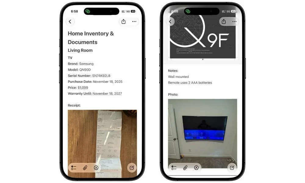 Home Inventory and Documents note in Apple Notes
