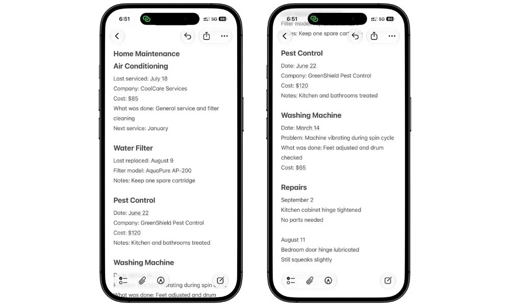 Home Maintenance note in Apple Notes