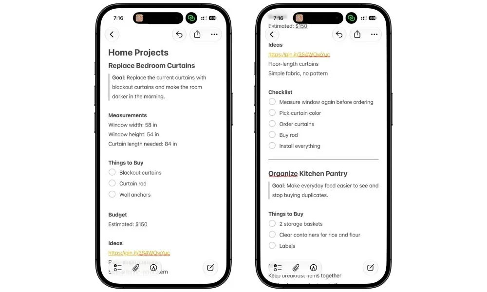 Home Projects note in Apple Notes
