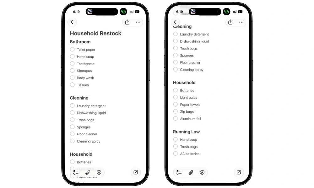 ousehold Restock note in Apple Notes