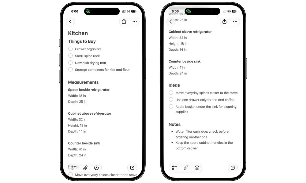 Kitchen room note in Apple Notes