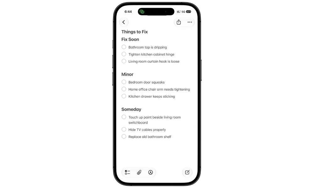 Things to Fix note in Apple Notes