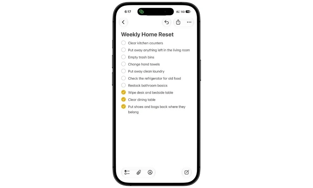 Weekly Home Reset note in Apple Notes